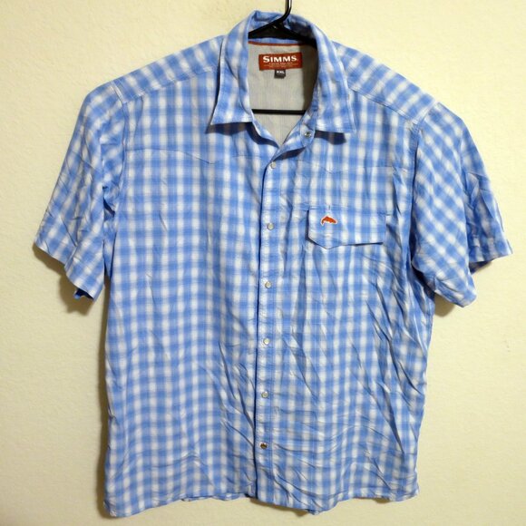 Simms Shirt Mens 2XL Short Sleeve Snap Button Vented Fishing Blue White Striped - Picture 2 of 7